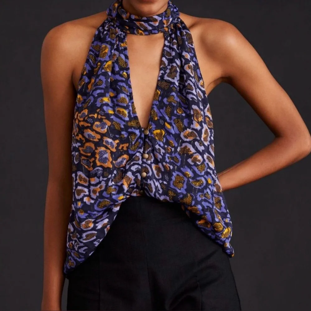 NWT Anthropologie Sleeveless Halter Top Size M Keyhole Lined Tank Purple Multi - Picture 3 of 13